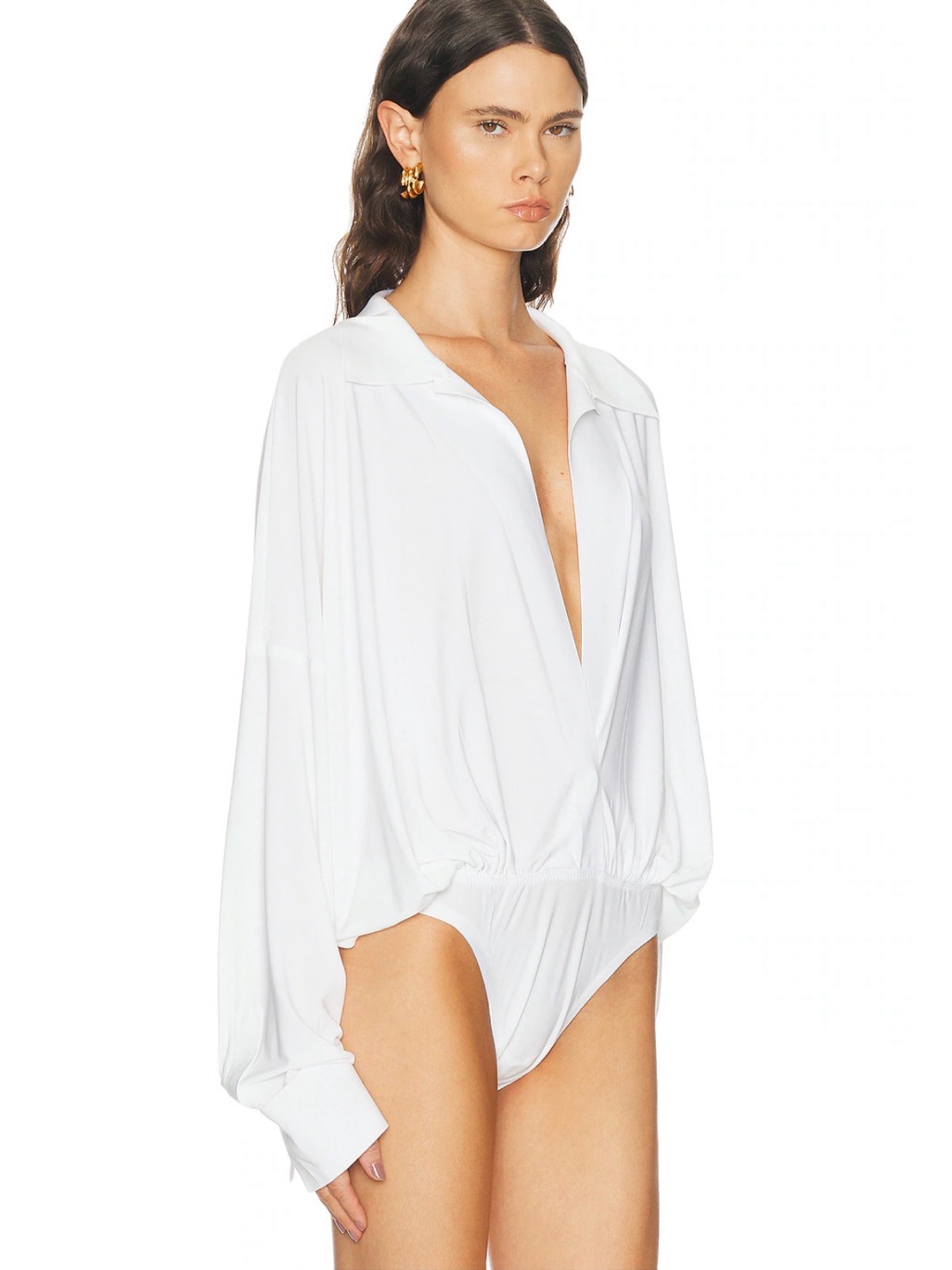 Norma Kamali White Deep V Plunge Draped Long Sleeve Bodysuit